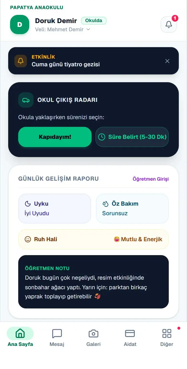 Veli ana ekranı ve günlük akış